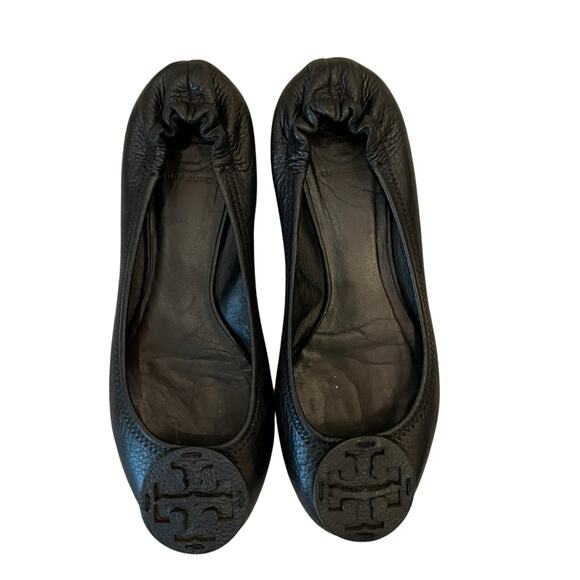 TORY BURCH Reva Scrunch Black Leather Ballet Flats Logo Women's Size US 8 - Picture 2 of 13